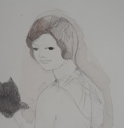 Marie LAURENCIN : Jeune fille et chaton, Aquarelle originale signée 2