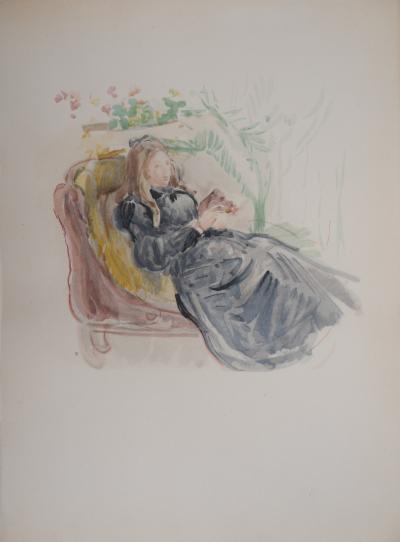 Berthe MORISOT (d’après) : Jeune femme sur un sofa - Lithographie, Signée 1946 2