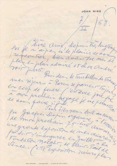 Joan MIRO - Lettre autographe signée à propos de son exposition 2