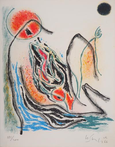 Gustave SINGIER : Paysage abstrait au soleil rouge - Lithographie originale Signée 2