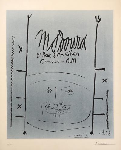 Pablo PICASSO : Visage sur fond bleu pour Madoura - Linogravure originale signée au crayon 2