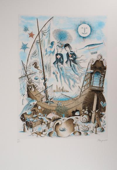 Raymond Peynet 【モーツァルトの音楽会】lithograph 美品 Raymond PEYNET - Lovers in the park, 1990 - Original lithograph