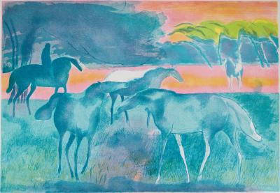 Paul GUIRAMAND : Les chevaux au coucher de soleil - Lithographie Originale Signée 2