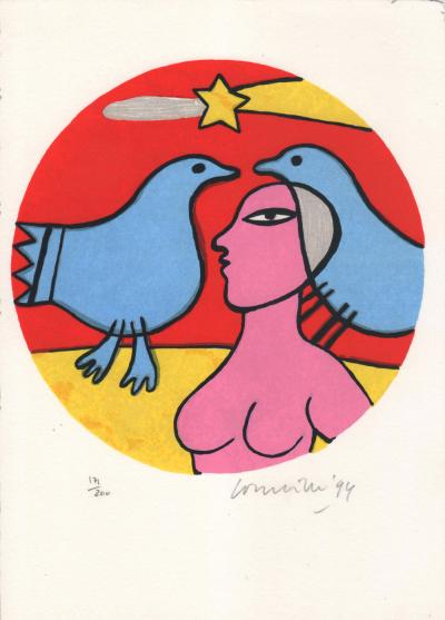Guillaume CORNEILLE - Femme et deux Oiseaux, sérigraphie signée 2