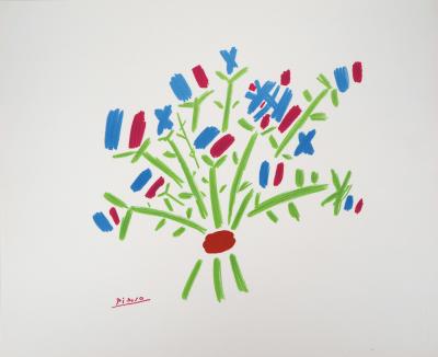 Pablo PICASSO : Le bouquet bleu, blanc, rouge - Lithographie signée