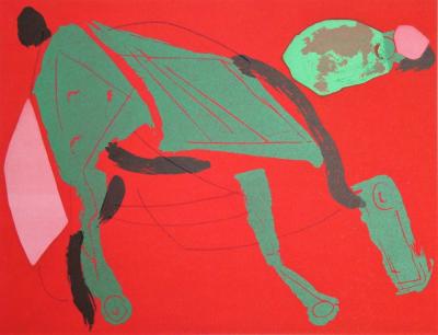 Marino MARINI - Cheval sur fond rouge, 1970 - Lithographie originale en couleurs
