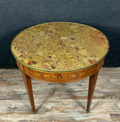 Table bouillotte Louis XVI en marqueterie de bois précieux 2
