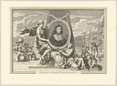 Robert  Nanteuil  - Colbert  Au fond, le Louvre en construction - Burin 2