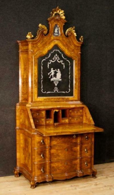 Curved Louis Xv Style Secretary Cabinet In Walnut Tree Marquetry