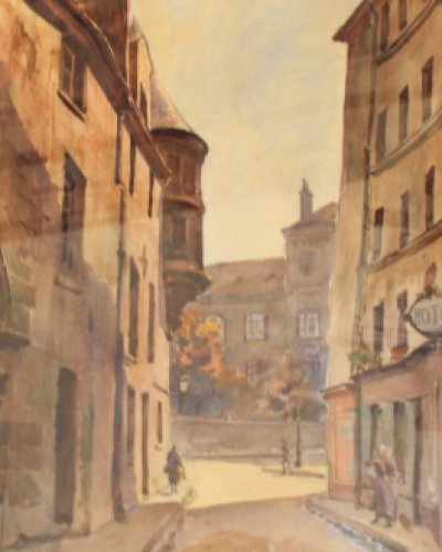 André-Alfred  DEBERGUE - La tourelle de l’hotel des Archevèques de Sens, rue du figuier - Aquarelle signée 2