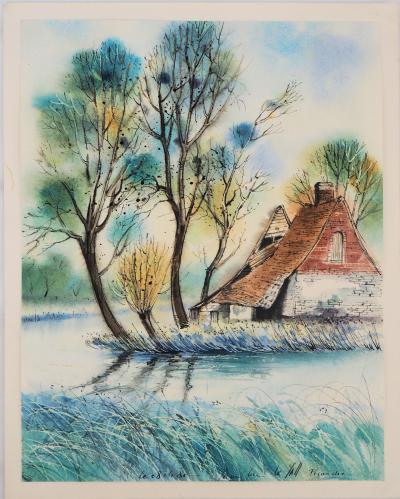 Jean Luc LE GALL: Vieilles maisons en Picardie , 1986- Aquarelle originale signée 2
