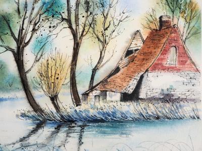 Jean Luc LE GALL: Vieilles maisons en Picardie , 1986- Aquarelle originale signée 2