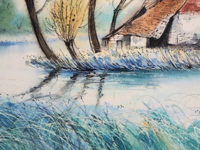 Jean Luc LE GALL: Vieilles maisons en Picardie , 1986- Aquarelle originale signée 2