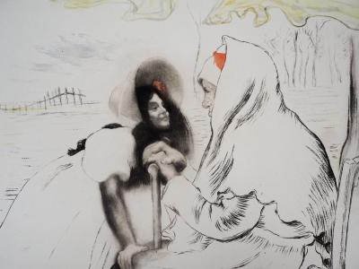 Louis LEGRAND : Grande mère avec sa petite fille - Gravure originale signée 2