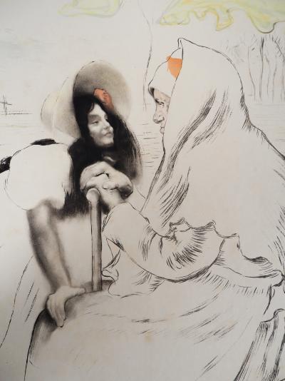 Louis LEGRAND : Grande mère, sa petite fille et une chèvre - Gravure originale signée 2