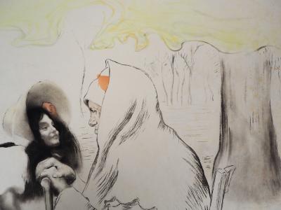 Louis LEGRAND : Grande mère, sa petite fille et une chèvre - Gravure originale signée 2