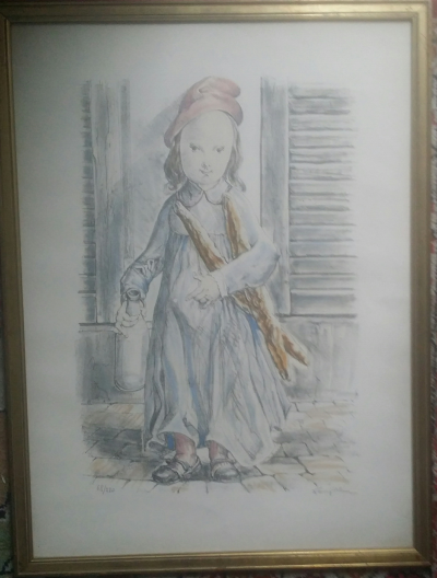 Tsuguharu FOUJITA - Fillette aux baguettes de pains, circa 1956 - Lithographie  en COULEURS signée au crayon 2