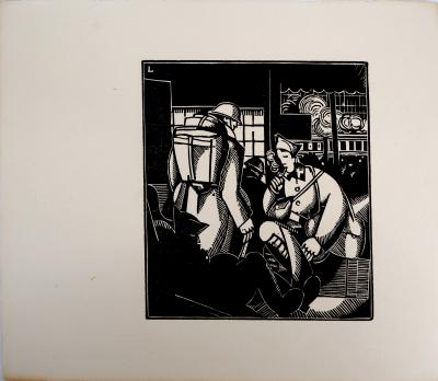 Jean-Emile LABOUREUR : Les soldats à la gare - Bois gravé signé 2