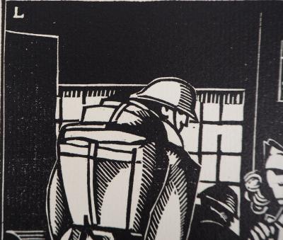 Jean-Emile LABOUREUR : Les soldats à la gare - Bois gravé signé 2