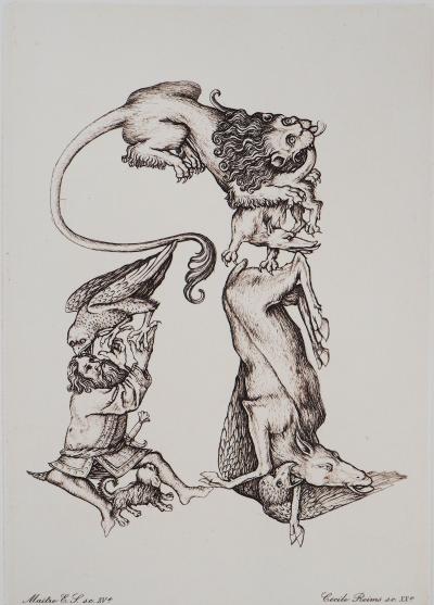 Cécile REIMS: Le combat des animaux.- Gravure originale signée 2
