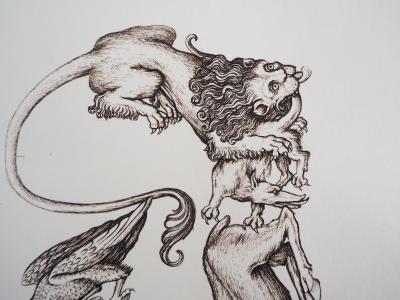 Cécile REIMS: Le combat des animaux.- Gravure originale signée 2