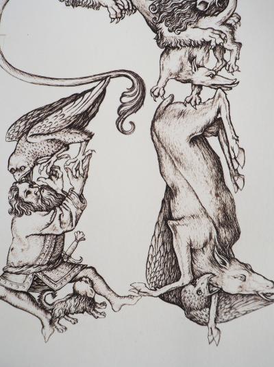 Cécile REIMS: Le combat des animaux.- Gravure originale signée 2