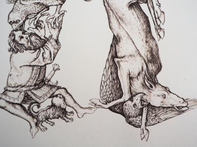 Cécile REIMS: Le combat des animaux.- Gravure originale signée 2