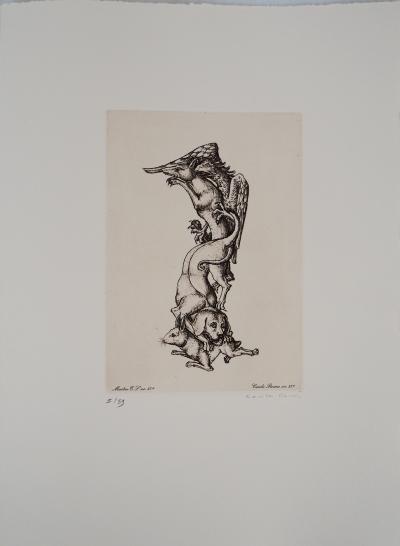 Cécile REIMS: Lapin, chien, loup et faucon - Gravure originale signée 2