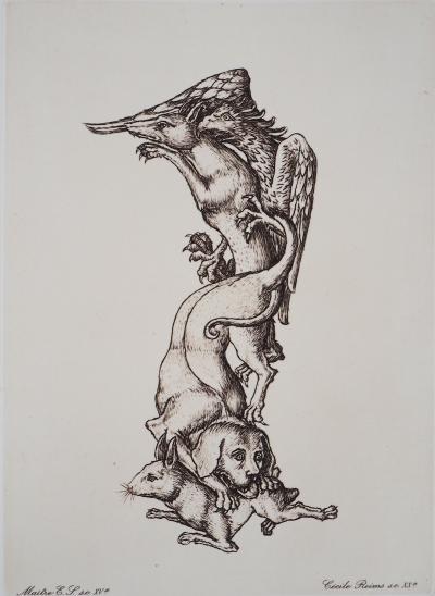 Cécile REIMS: Lapin, chien, loup et faucon - Gravure originale signée 2