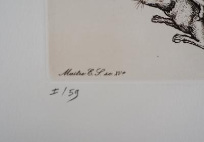 Cécile REIMS: Lapin, chien, loup et faucon - Gravure originale signée 2