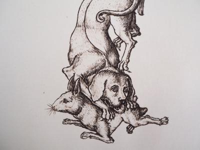 Cécile REIMS: Lapin, chien, loup et faucon - Gravure originale signée 2