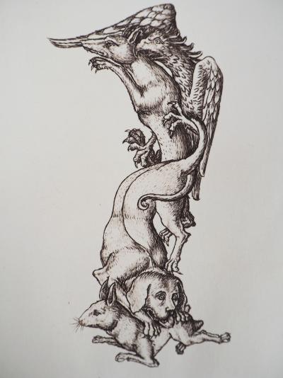 Cécile REIMS: Lapin, chien, loup et faucon - Gravure originale signée 2
