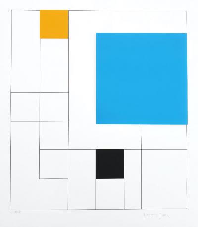 Gottfried HONEGGER - Composition 3 carrés 3D  ( Bleu, orange, noir ), 2015, Sérigraphie 2