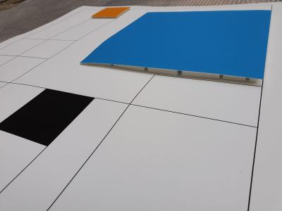 Gottfried HONEGGER - Composition 3 carrés 3D  ( Bleu, orange, noir ), 2015, Sérigraphie 2