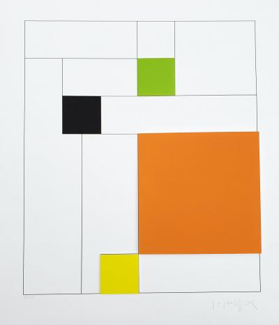 Gottfried HONEGGER - Composition 4 carrés 3D (Orange,vert, noir, jaune), 2015 - Sérigraphie signée au crayon 2