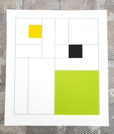 Gottfried HONEGGER - Composition 3 carrés 3D (vert, noir, jaune), 2015 - Sérigraphie signée au crayon 2