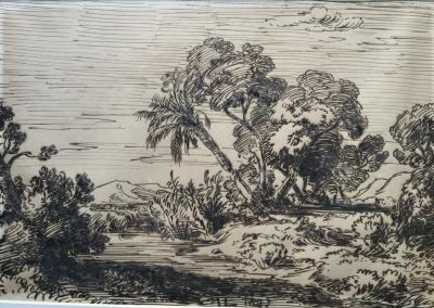 August LÖFFLER - Paysage à la rivière et au palmier ,1853 - Plume et encre signée 2