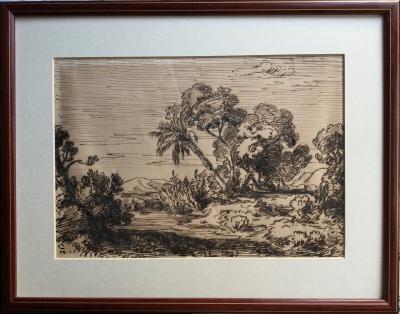 August LÖFFLER - Paysage à la rivière et au palmier ,1853 - Plume et encre signée 2