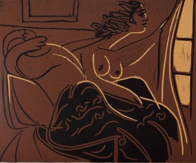 Pablo PICASSO (d’après) : Femme nue à la fenêtre   - Linogravure 2