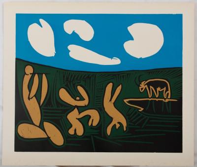 Pablo PICASSO : Bacchanale, danseurs et taureau - Linogravure (1962) 2