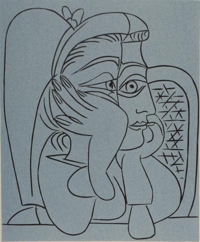 Pablo PICASSO : Jacqueline de profil - Linogravure (1962) 2