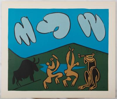 Pablo PICASSO : Bacchanale au taureau noir - Linogravure (1962) 2