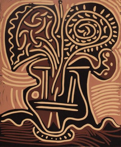 Pablo PICASSO : Bouquet de fleurs - Linogravure (1962) 2