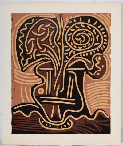 Pablo PICASSO : Bouquet de fleurs - Linogravure (1962) 2