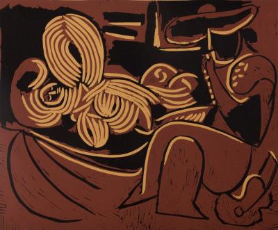 Pablo PICASSO: Woman listening to the musician - Linocut (1962) 2