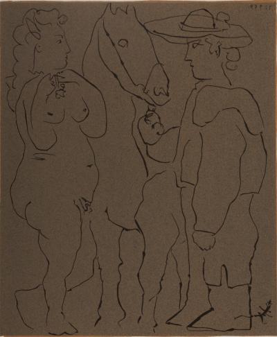 Pablo PICASSO (d’après) : Picador, femme et cheval - Linogravure 2