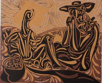 Pablo PICASSO (after) - Nude woman and guitarist, Linocut - Post War and Modern