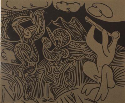 Pablo PICASSO (d’après) : Les danseuses et le joueur de flûte - Linogravure 2