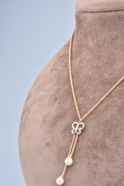 Collier papillon en or jaune de 45.5 cm, 2 perles 2