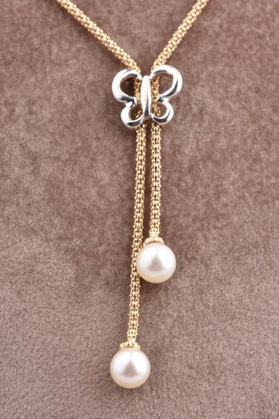 Collier papillon en or jaune de 45.5 cm, 2 perles 2